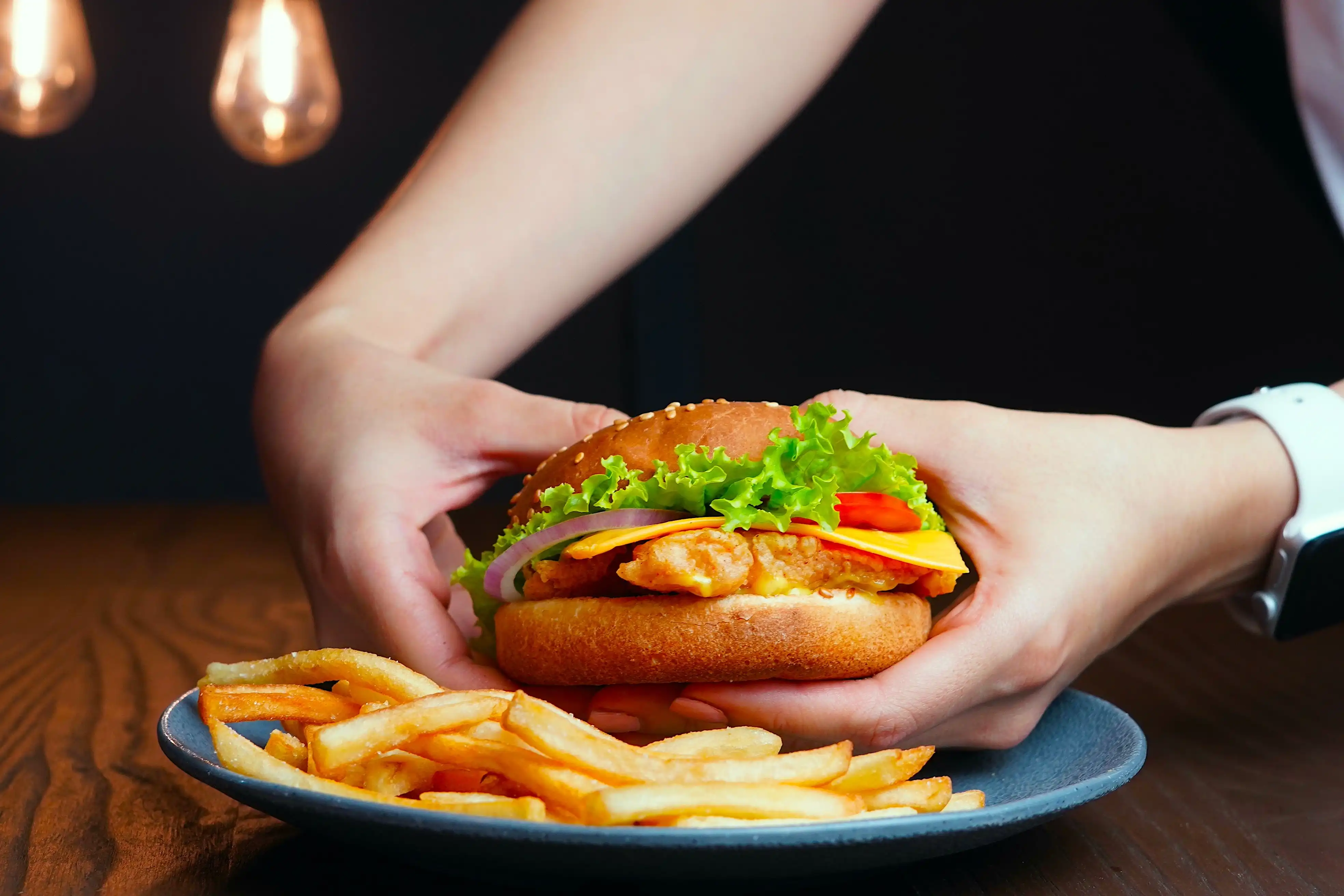 A premium café burger presentation
